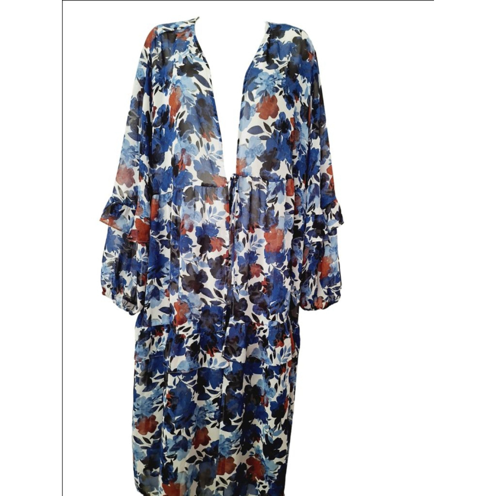 Cato Floral Kimono Size 18/20W Blue Red tropical resort wear vacation semi sheer